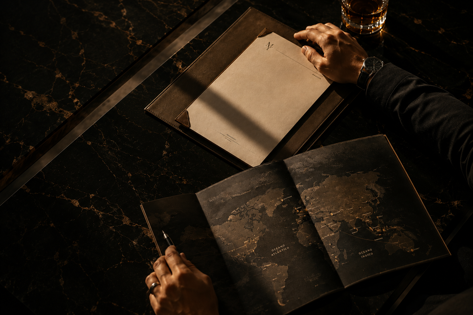 Mapa-múndi e caderno sobre mesa de mármore